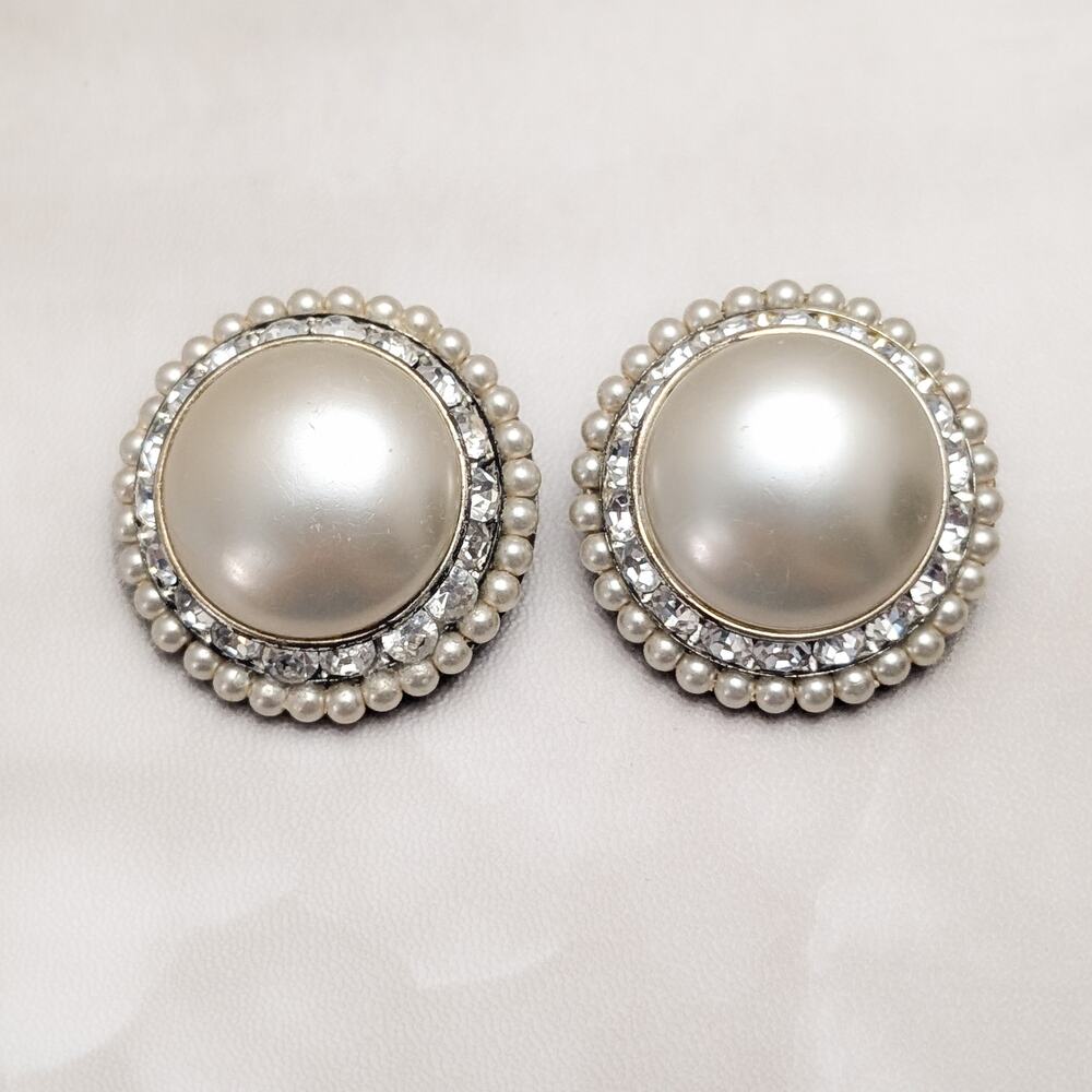 Vintage Clip On Earrings Regal Extra Large Faux Pearl & Clear Gems Statement